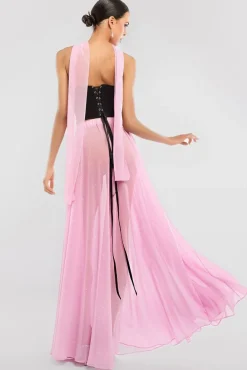 Compact Crepe Lace Up Corset With Gathered A-Line Glitter Chiffon Maxi Skirt & Scarf - Black, Pink & Pink by Goddiva
