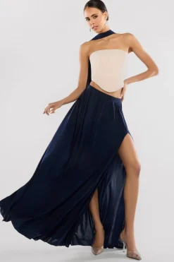 Compact Crepe Lace Up Corset With Side Split Jersey Maxi Skirt & Scarf - Beige & Navy Blue by Goddiva