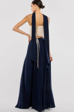 Compact Crepe Lace Up Corset With Side Split Jersey Maxi Skirt & Scarf - Beige & Navy Blue by Goddiva