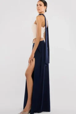 Compact Crepe Lace Up Corset With Side Split Jersey Maxi Skirt & Scarf - Beige & Navy Blue by Goddiva