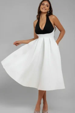Contrast Halter Neck Pleated A-Line Midaxi Dress - Black Cream by Goddiva