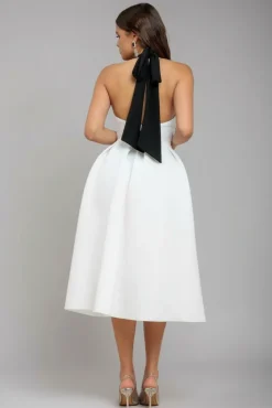 Contrast Halter Neck Pleated A-Line Midaxi Dress - Black Cream by Goddiva