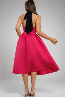 Contrast Halter Neck Pleated A-Line Midaxi Dress - Black Magenta by Goddiva