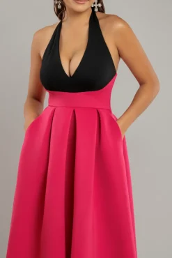 Contrast Halter Neck Pleated A-Line Midaxi Dress - Black Magenta by Goddiva