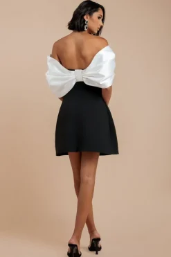 Contrast Off Shoulder Back Satin Bow Scuba Mini Dress - Black Cream by Goddiva