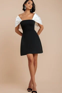 Contrast Off Shoulder Back Satin Bow Scuba Mini Dress - Black Cream by Goddiva