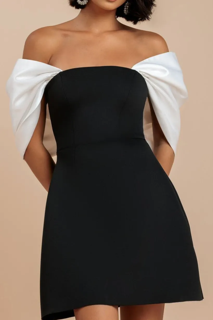 Contrast Off Shoulder Back Satin Bow Scuba Mini Dress - Black Cream by Goddiva