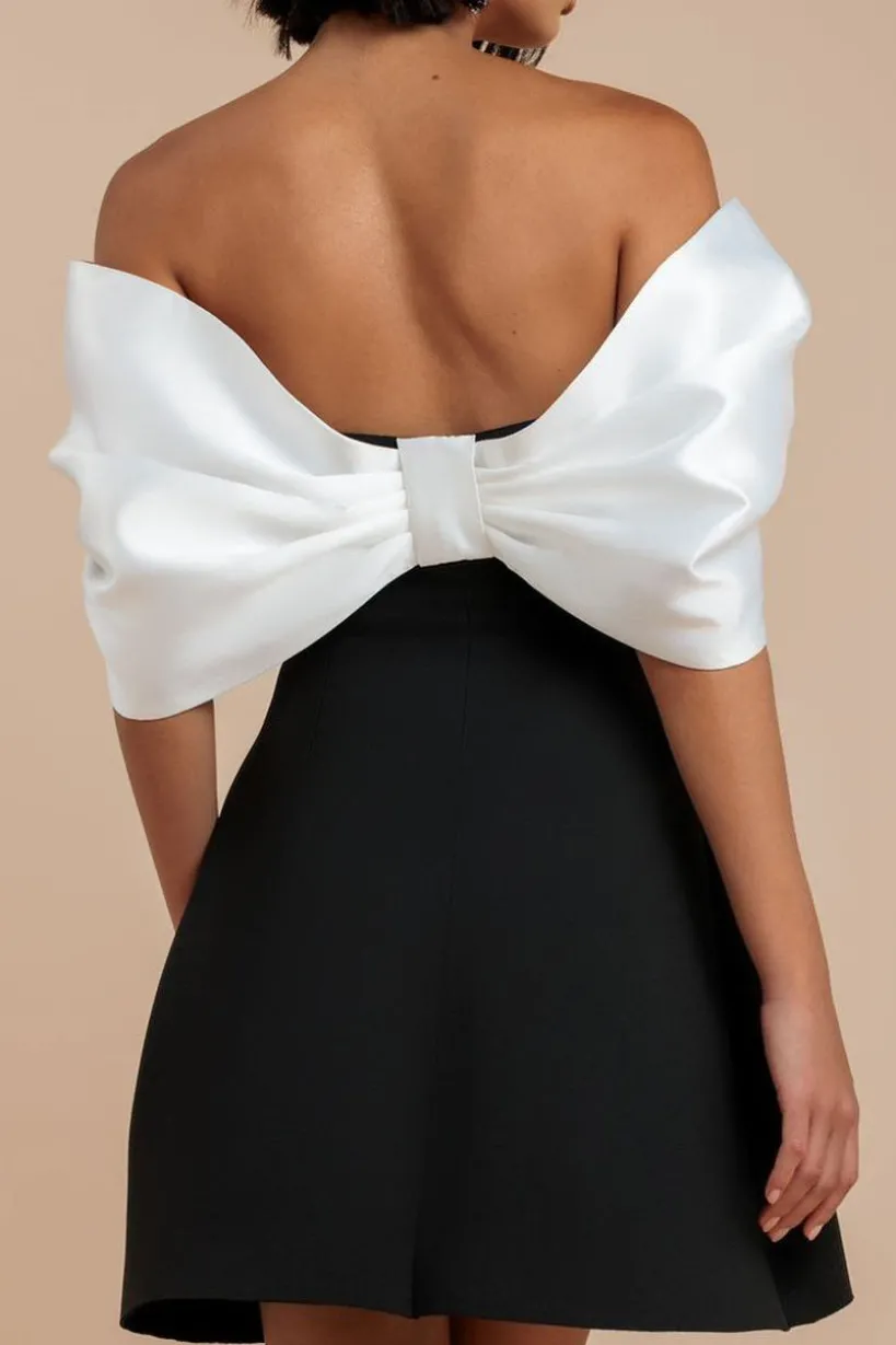 Contrast Off Shoulder Back Satin Bow Scuba Mini Dress - Black Cream by Goddiva