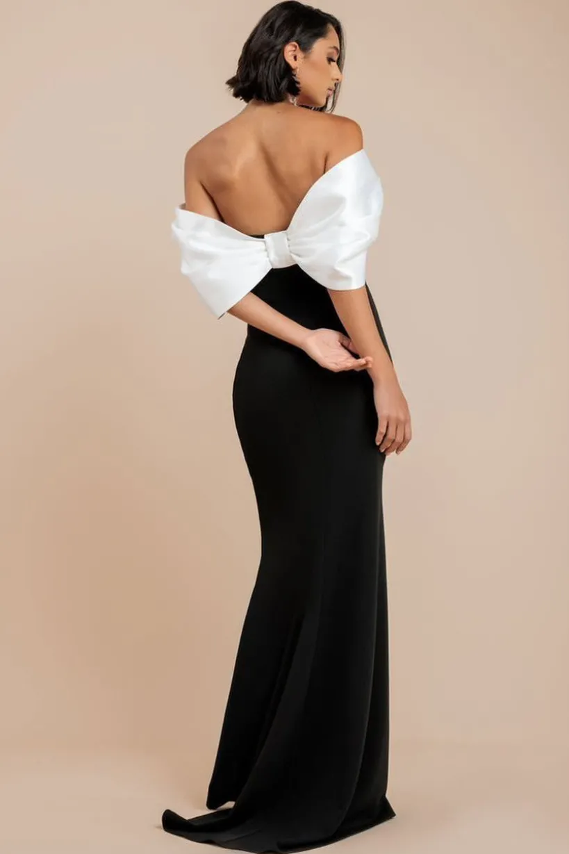 Contrast Off Shoulder Back Satin Bow Scuba Maxi Dress - Black Cream by Goddiva