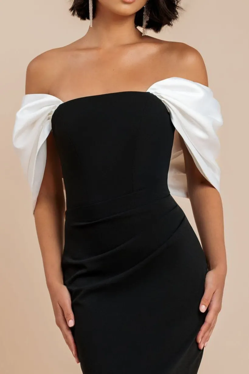 Contrast Off Shoulder Back Satin Bow Scuba Maxi Dress - Black Cream by Goddiva