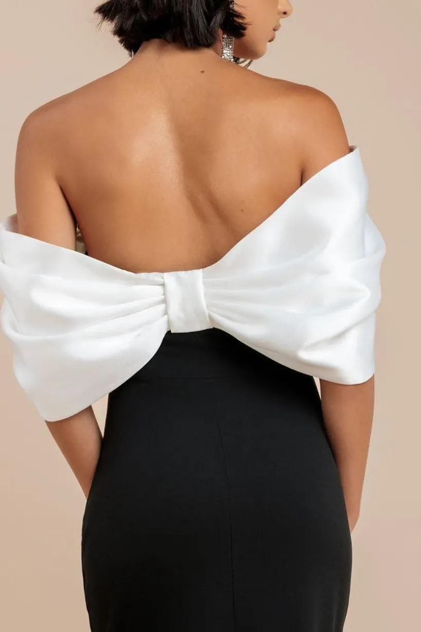 Contrast Off Shoulder Back Satin Bow Scuba Maxi Dress - Black Cream by Goddiva