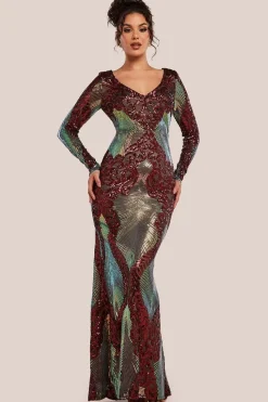 Contrast Sequin Long Sleeve Maxi Dress - Wine by Goddiva