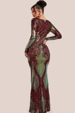 Contrast Sequin Long Sleeve Maxi Dress - Wine by Goddiva