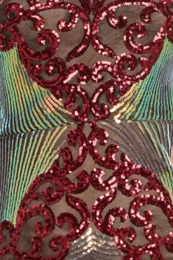 Contrast Sequin Long Sleeve Maxi Dress - Wine by Goddiva