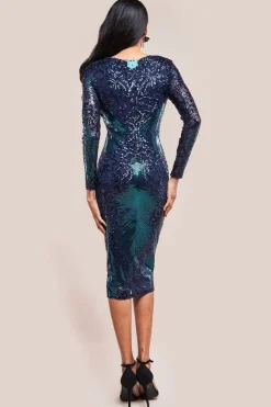 Contrast Sequin Long Sleeve Midi Dress - Emerald by Goddiva