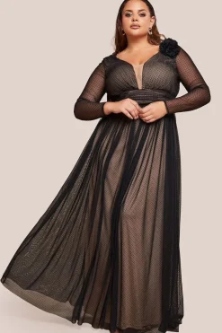 Corsage Dobby Mesh A-Line Maxi Dress - Black by Goddiva Plus
