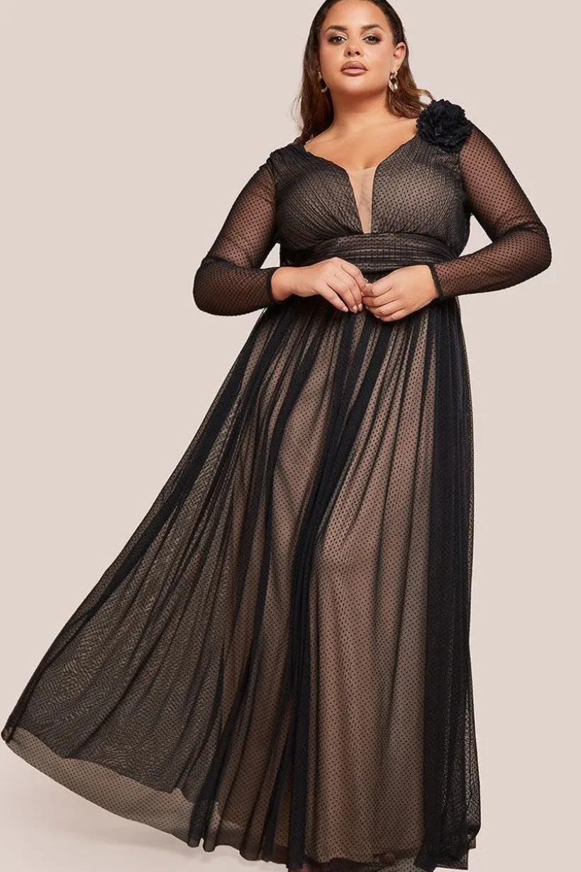 Corsage Dobby Mesh A-Line Maxi Dress - Black by Goddiva Plus