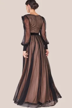 Corsage V-Neck Dobby Mesh Maxi - Black by Goddiva