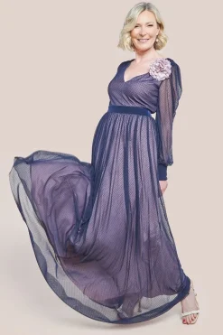 Corsage V-Neck Dobby Mesh Maxi Dress - Blue by Goddiva