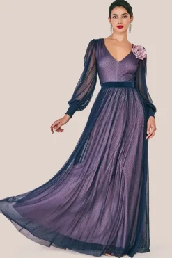 Corsage V-Neck Dobby Mesh Maxi - Blue by Goddiva