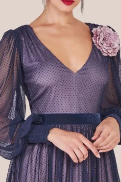 Corsage V-Neck Dobby Mesh Maxi - Blue by Goddiva