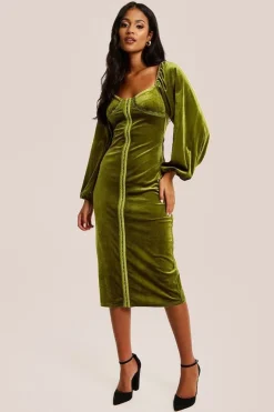 Corset Detail Green Velvet Midi Dress by Liquorish