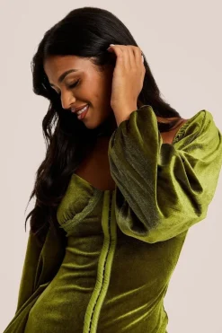 Corset Detail Green Velvet Midi Dress by Liquorish