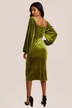 Corset Detail Green Velvet Midi Dress by Liquorish