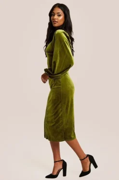 Corset Detail Green Velvet Midi Dress by Liquorish