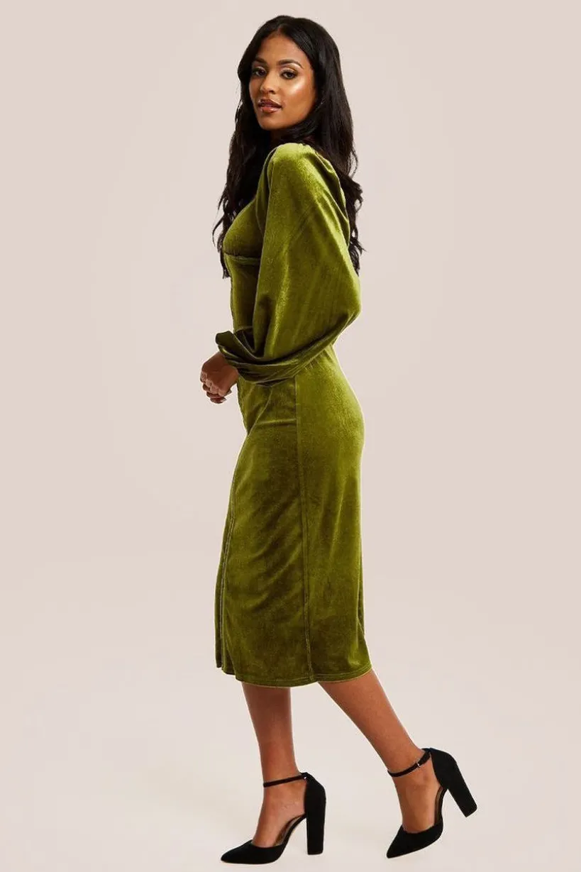 Corset Detail Green Velvet Midi Dress by Liquorish