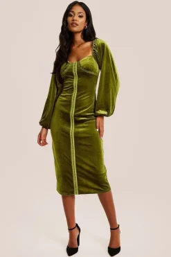Corset Detail Green Velvet Midi Dress by Liquorish