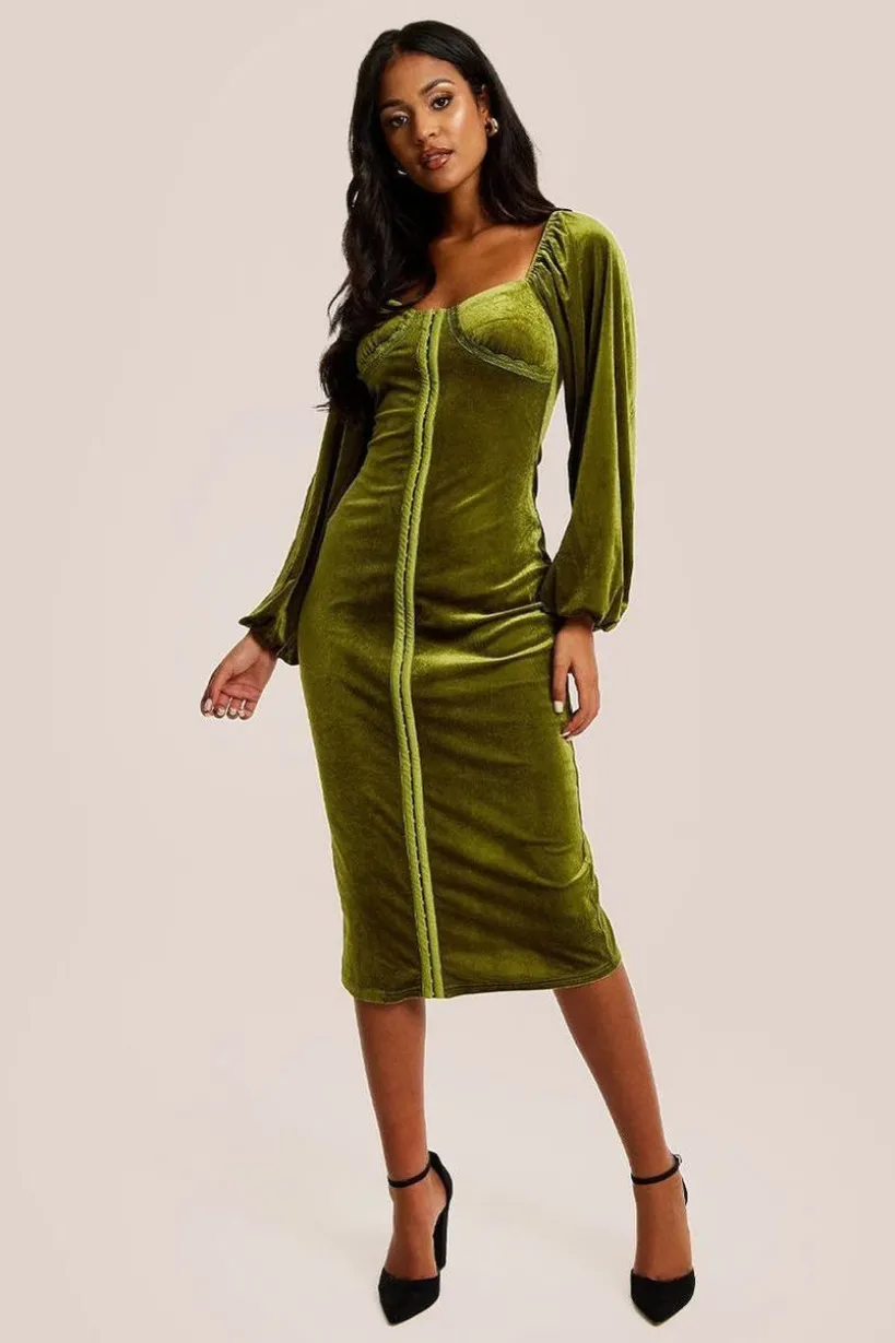 Corset Detail Green Velvet Midi Dress by Liquorish