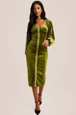 Corset Detail Green Velvet Midi Dress by Liquorish