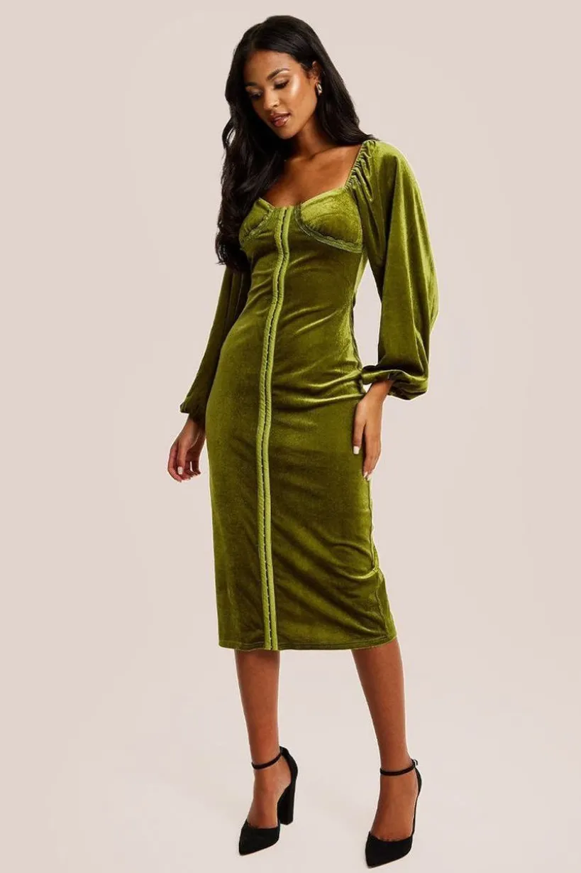 Corset Detail Green Velvet Midi Dress by Liquorish