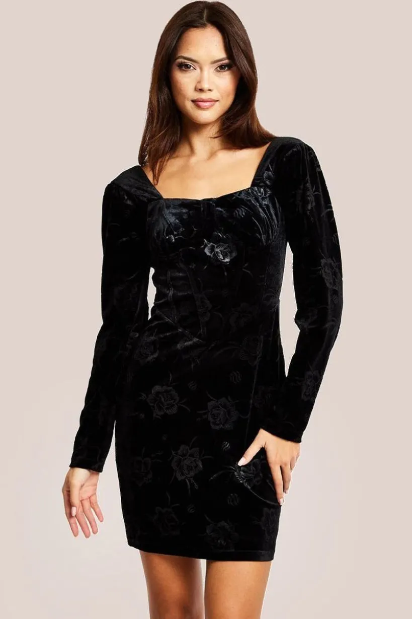 Corset Detail Mini Black Velvet Dress by Liquorish