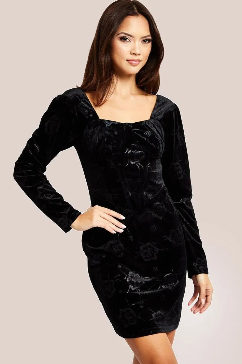 Corset Detail Mini Black Velvet Dress by Liquorish