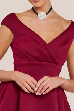 Corset Fit & Flare Mini Dress - Wine by Goddiva