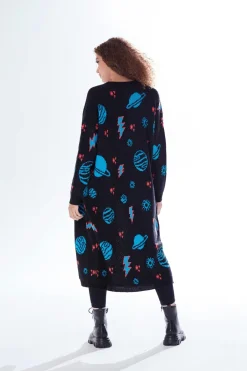 Cosmic Pattern Open Front Cardigan In Black by Liquorish