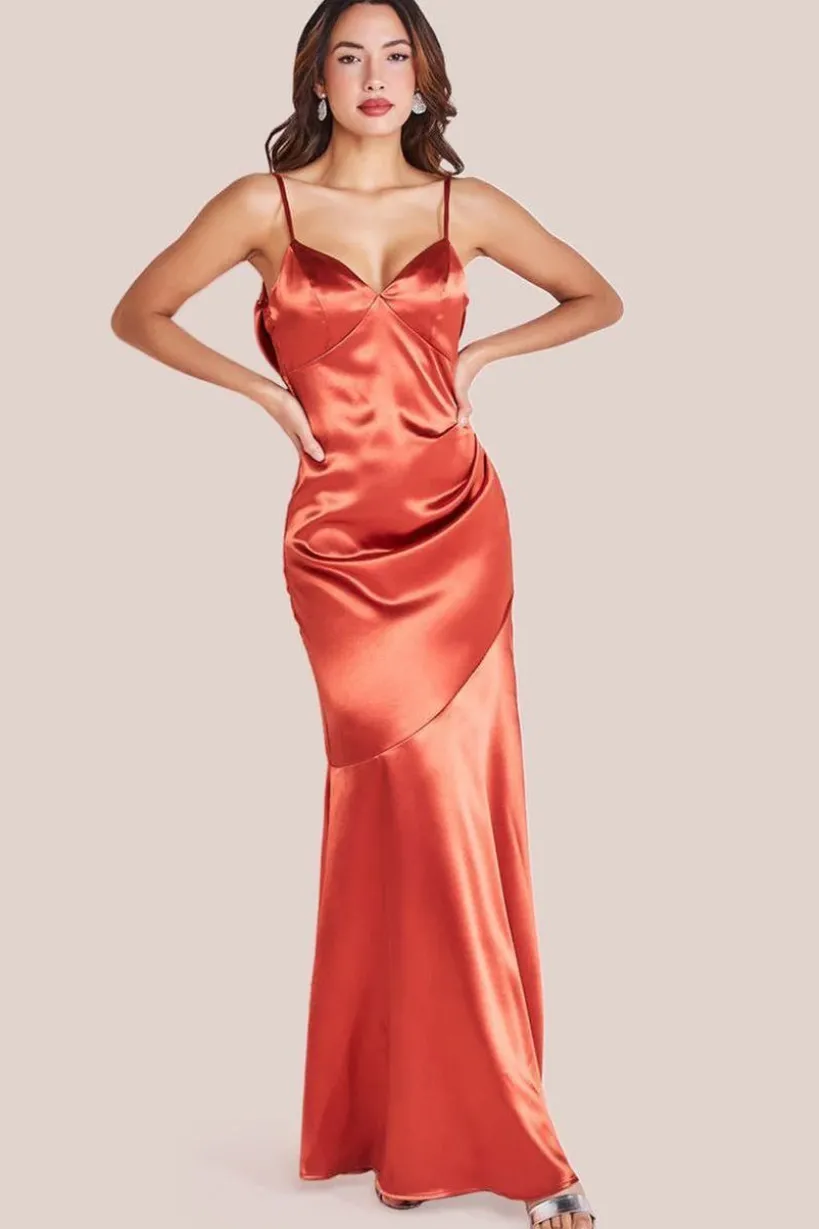 Cowl Back Satin Maxi Dress - Burntorange by Goddiva