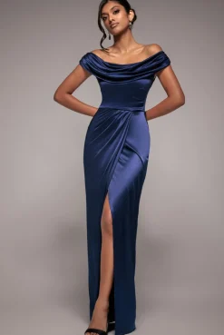 Cowl Bardot Satin Twill Maxi Dress - Navy by Goddiva
