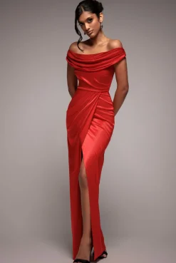 Cowl Bardot Satin Twill Maxi Dress - Red by Goddiva