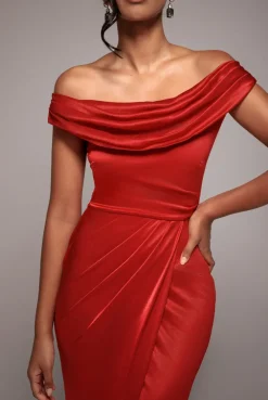Cowl Bardot Satin Twill Maxi Dress - Red by Goddiva