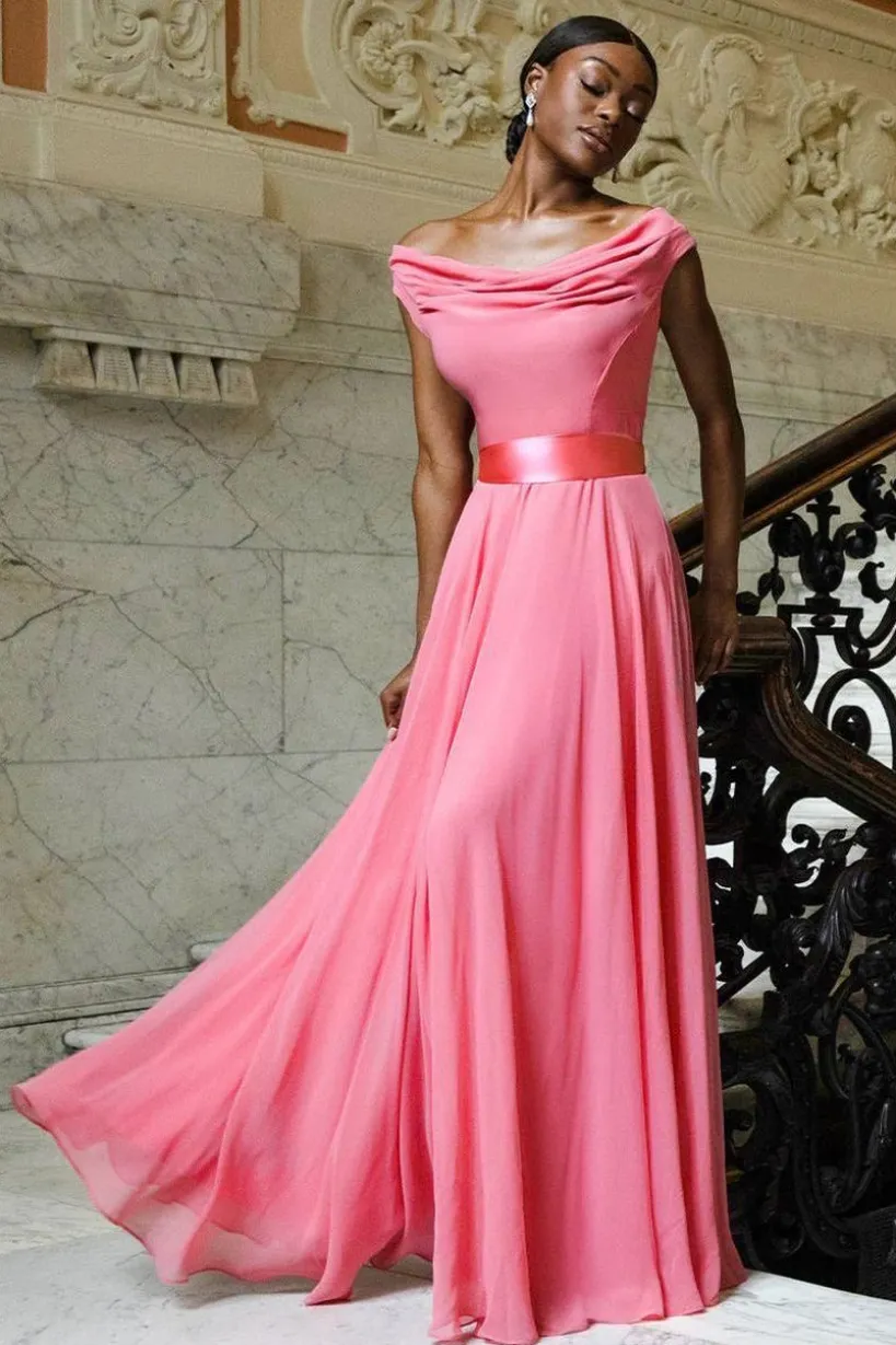 Cowl Neck A-Line Chiffon Maxi Dress - Coral by Goddiva