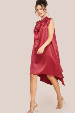 Cowl Neck Back Wing Satin High Low Midi Dress - Berry by Goddiva