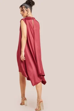 Cowl Neck Back Wing Satin High Low Midi Dress - Berry by Goddiva