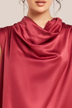 Cowl Neck Back Wing Satin High Low Midi Dress - Berry by Goddiva