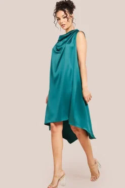 Cowl Neck Back Wing Satin High Low Midi Dress - Emerald Green by Goddiva