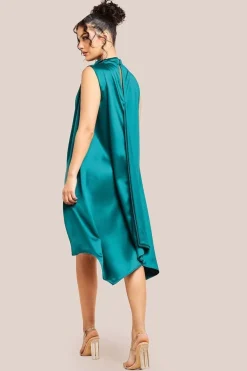 Cowl Neck Back Wing Satin High Low Midi Dress - Emerald Green by Goddiva