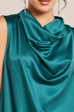 Cowl Neck Back Wing Satin High Low Midi Dress - Emerald Green by Goddiva