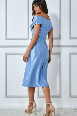 Cowl Neck Bardot Satin Midi Front Split - Dusty Blue by Goddiva